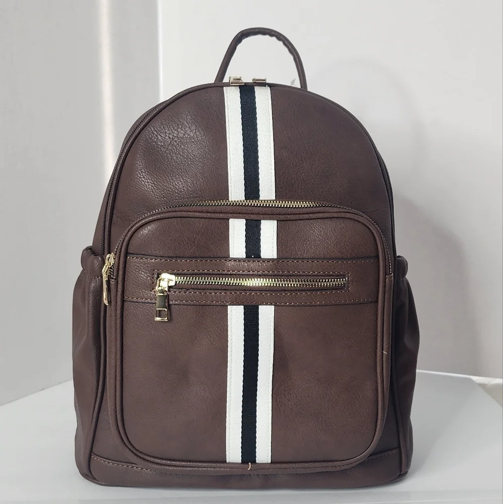 Men's Brown Leather Striped Fashion Unisex Backpack